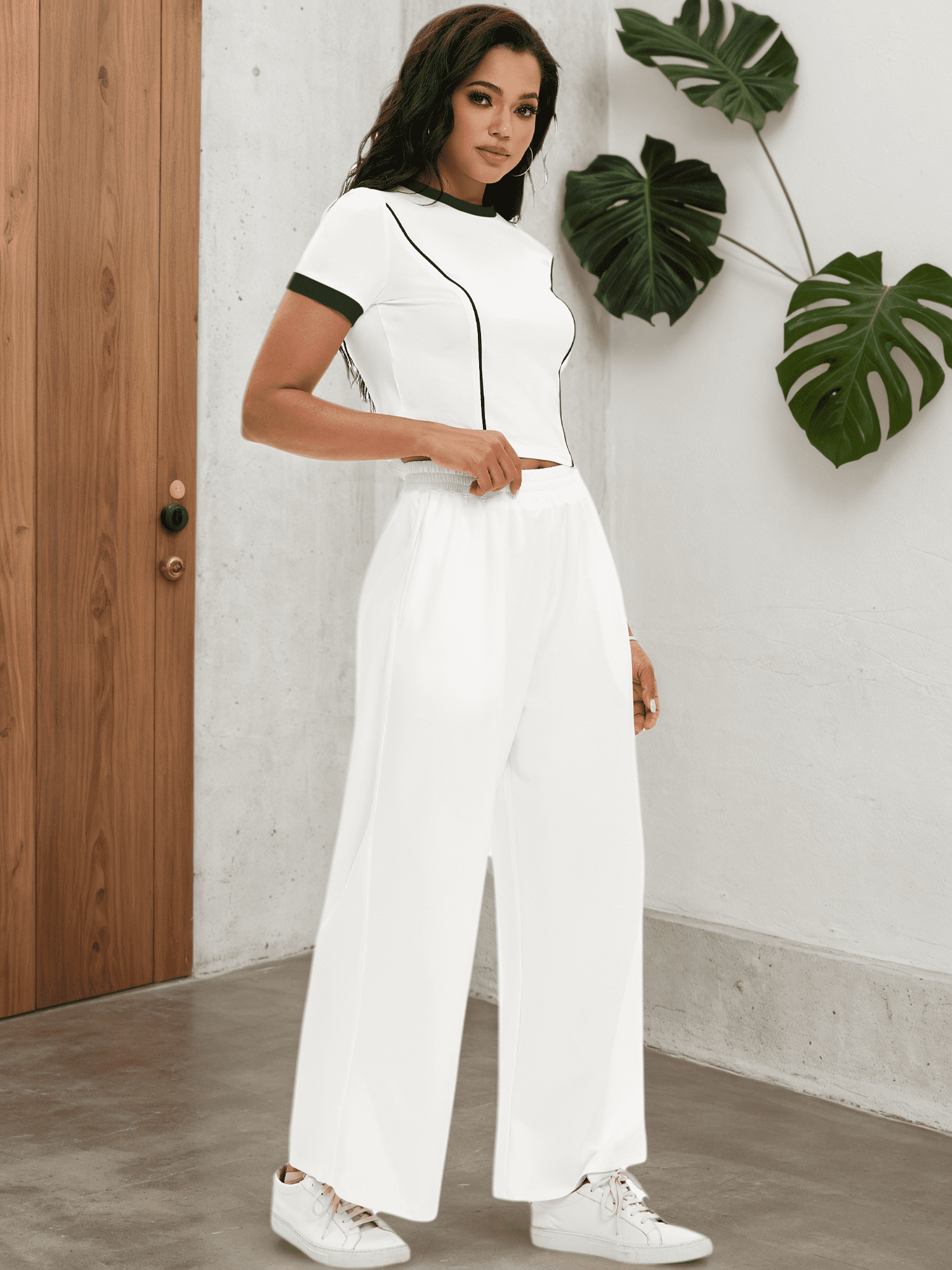 DARING DIVA Women 2 Pieces Set Crop Tops Wide Leg Pants Fall Outfits M White