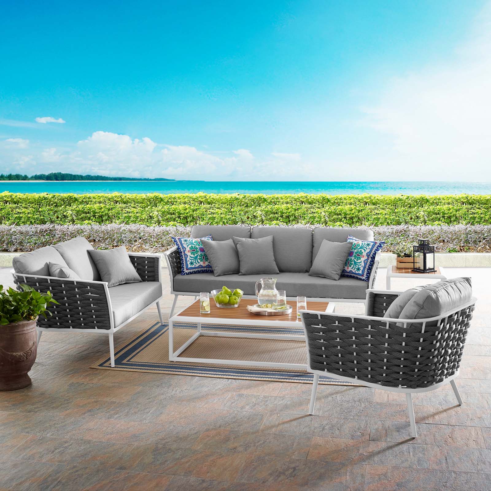 Modern Contemporary Urban Outdoor Patio Balcony Garden Furniture Lounge Chair, Sofa and Table Set, Fabric Aluminium, White Grey Gray - image 2 of 8