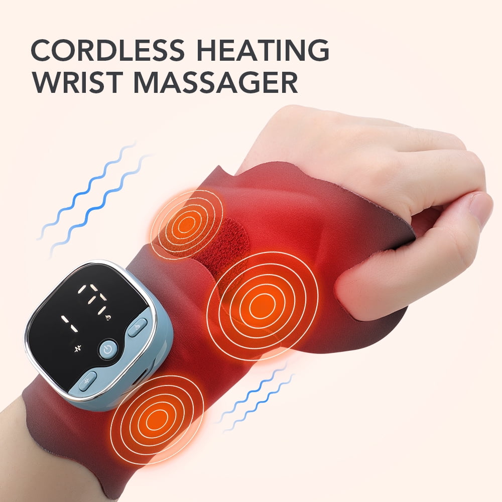 Hand Massager with Heat, Wrist Heating Pad, Cordless Wrist Heated Wrap with 3 Heating, 5 Massage Modes, 9 EMS Intensity Levels, Adjustable Length for Daily & Sports, Universal Left & Right
