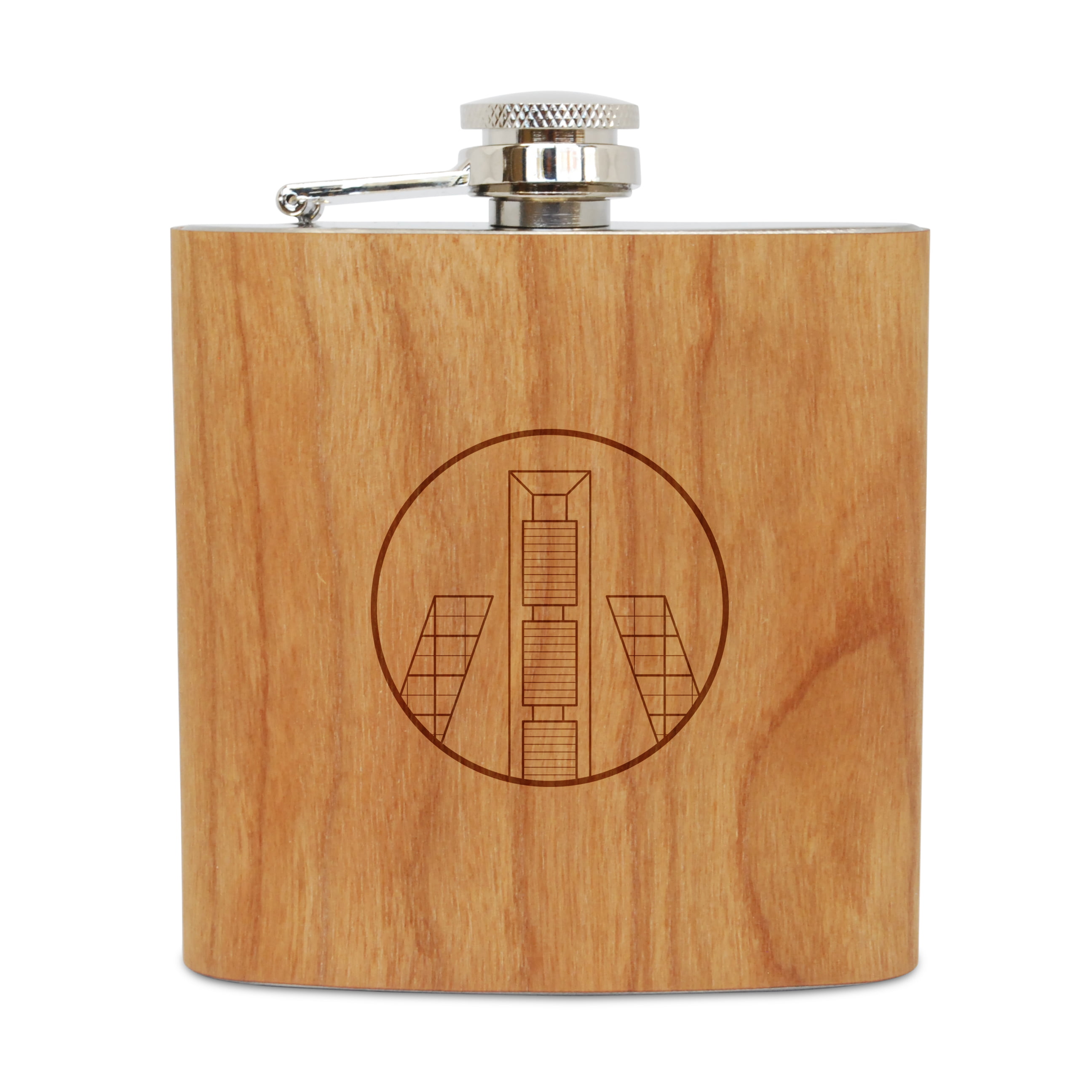 6 Oz Wood Hip Flask Handmade In USA Laser Engraved Flask With Whiskey Design WOODEN ACCESSORIES COMPANY Cherry Wood Flask With Stainless Steel Body 
