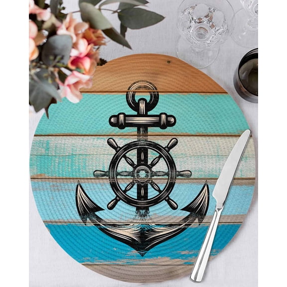 13 Inch Round Placemats Set of 6, Nautical Anchor Non Slip Heat Insulation PP Table Mats, Retro Blue Brown Wooden Boards Farmhouse Washable Place Mats for Kitchen Dining Party Table Decor