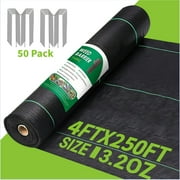 BSHAPPLUS 4x250ft Weed Barrier Fabric,3.2OZ Landscape Fabric,Heavy Duty Geotextile Fabric with 50 U-Shaped Securing Pegs,Woven Ground Cover for Commercial Greenhouse,Yard,Garden Barrier Cloth