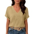 thumbnail image 4 of LNWUY Summer Linen Shirts for Women V Neck Blouses Roll Short Sleeves Dressy Casual Tunic Tops Cotton Linen Loose Fit Tops Yellow S, 4 of 8