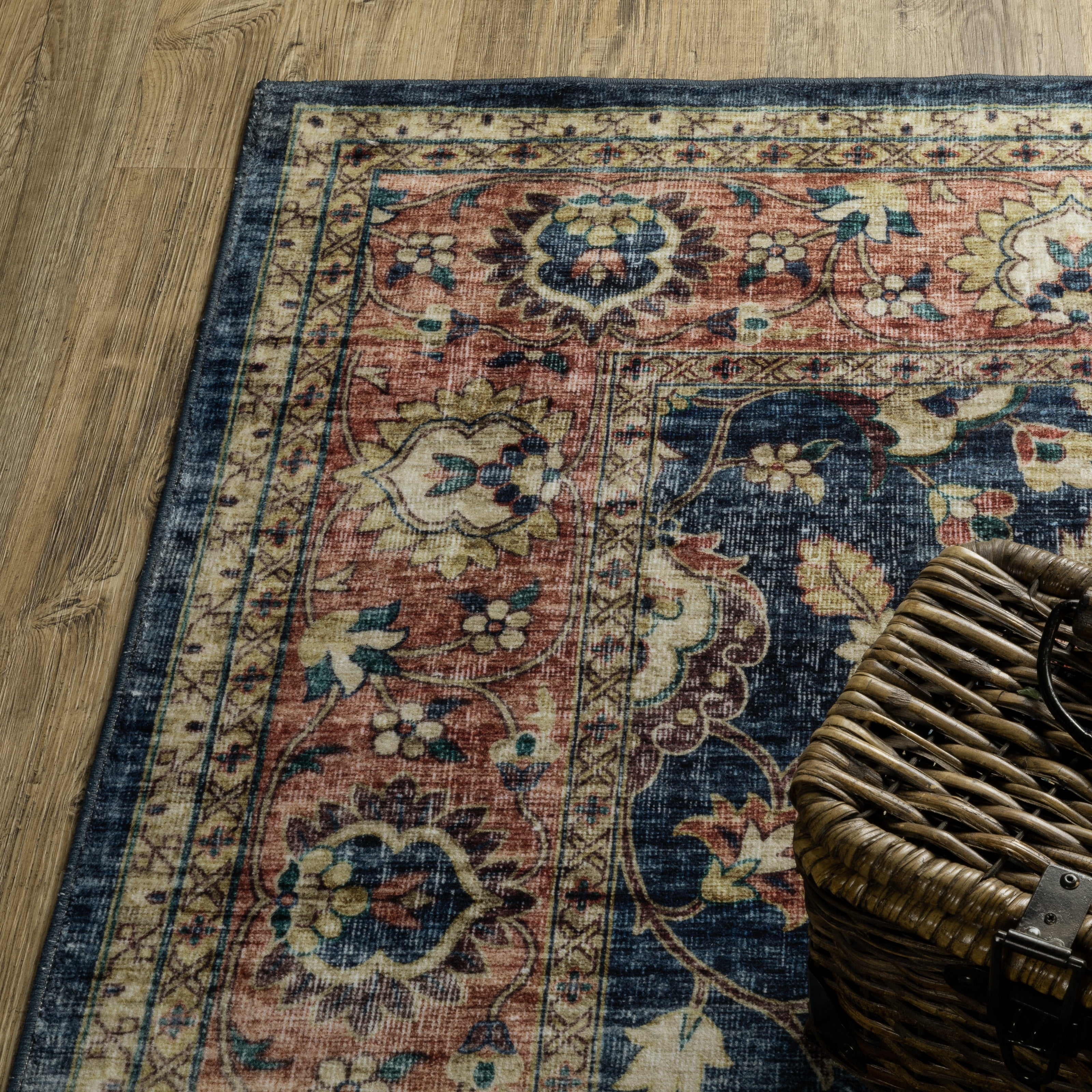 Avalon Home Sebastian Vintage Bordered Blue/ Rust Washable Indoor Area Rug