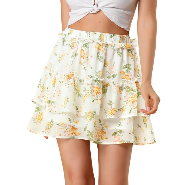 Minifalda floral Allegra K Tipo Patinadora cintura Elástica dobladillo volantes Mujer Blanco S