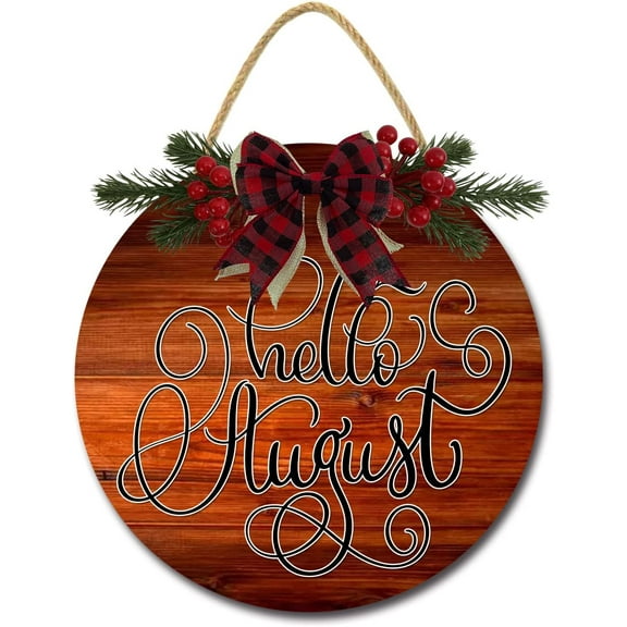 Eveokoki 12" Hello August Wreaths Decor Sign Front Door, Home Decor Front Round Wood Hanging Sign with Ribbon Bow and Artificial Leaves