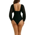 thumbnail image 3 of Bikini de una pieza con escote en V, mangas largas, malla y control de abdomen, color negro, talla mediana, 3 of 5