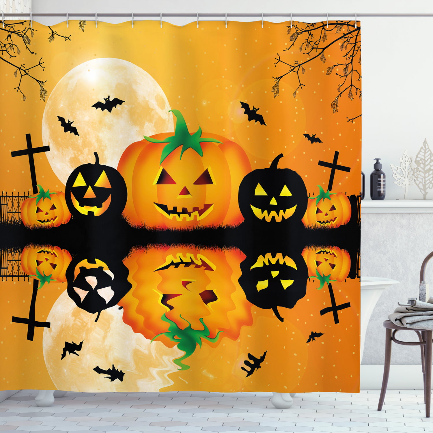 Halloween Shower Curtain Set Pumpkin With Bat Full Moon Grave Bathroom Curtain