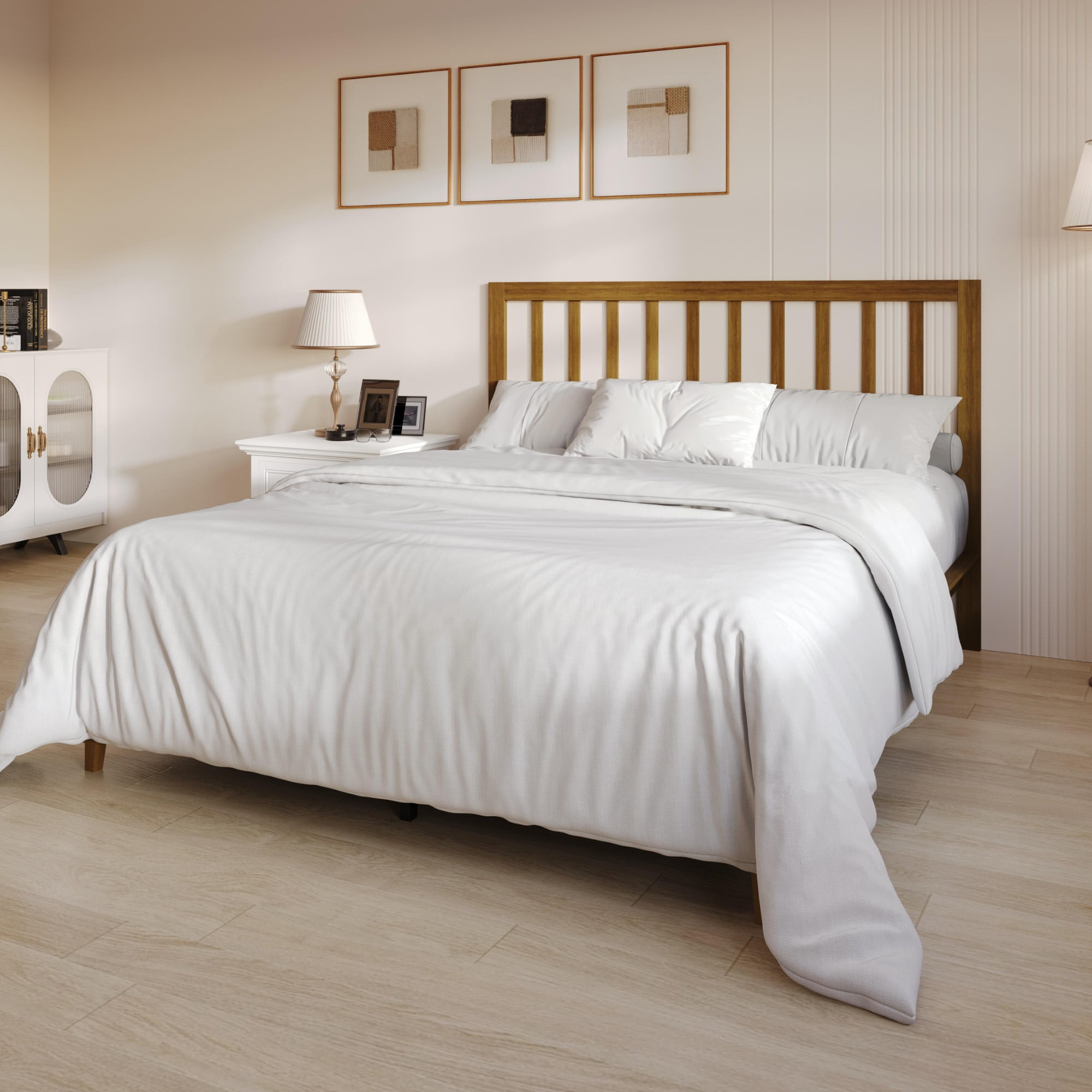 Home Design Lancaster Queen Platform Bed Frame with Slatted Headboard, No box spring required, Brown, Easy Assembly