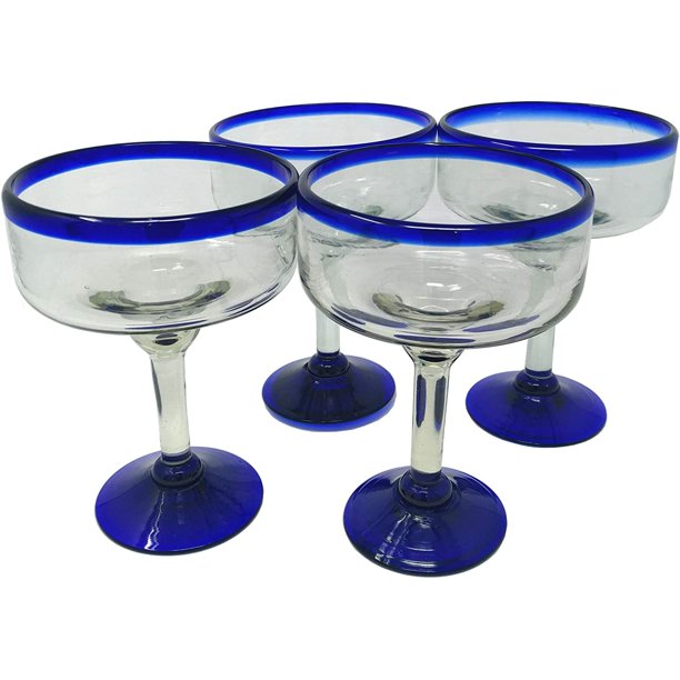 Set of 4 Blue Hand Blown Margarita Glasses 16 oz.