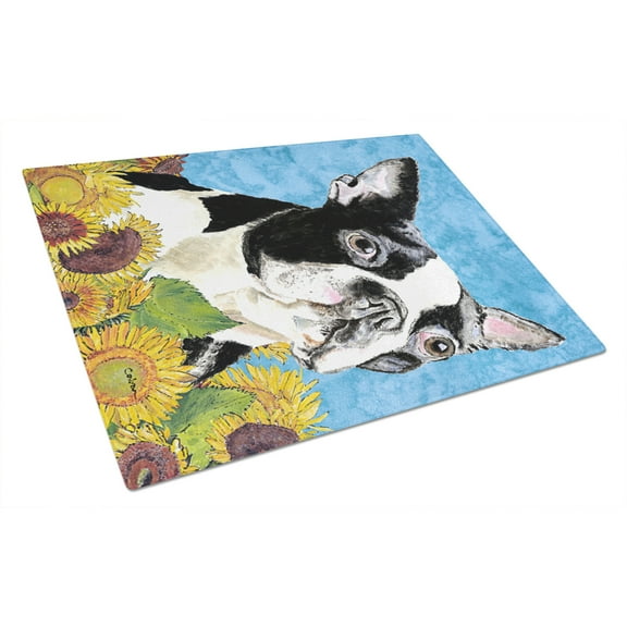 Carolines Treasures SC9063LCB Boston Terrier in Summer Flowers Glass Cutting Board Large, 12H x 16W, multicolor