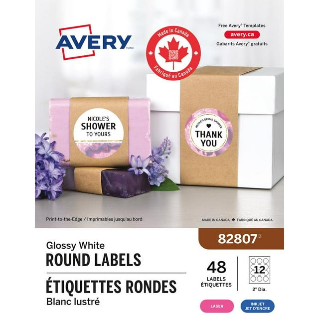 Avery Glossy White Round Labels, 2" Dia., Permanent Adhesive, for Laser and Inkjet Printers - 82807