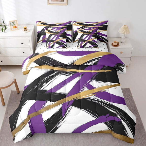 Feelyou Stripes Ombre Twin Bedding Sets 7-Piece, Black Purple Bedding Comforter Set, Modern Abstract Geometric Sheet Sets, Microfiber Room Decoration