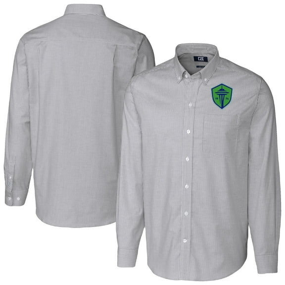 Men's-Cutter & Buck  Charcoal Seattle Sounders FC Stretch Oxford Stripe Tri-Blend Long Sleeve Button-Down Shirt