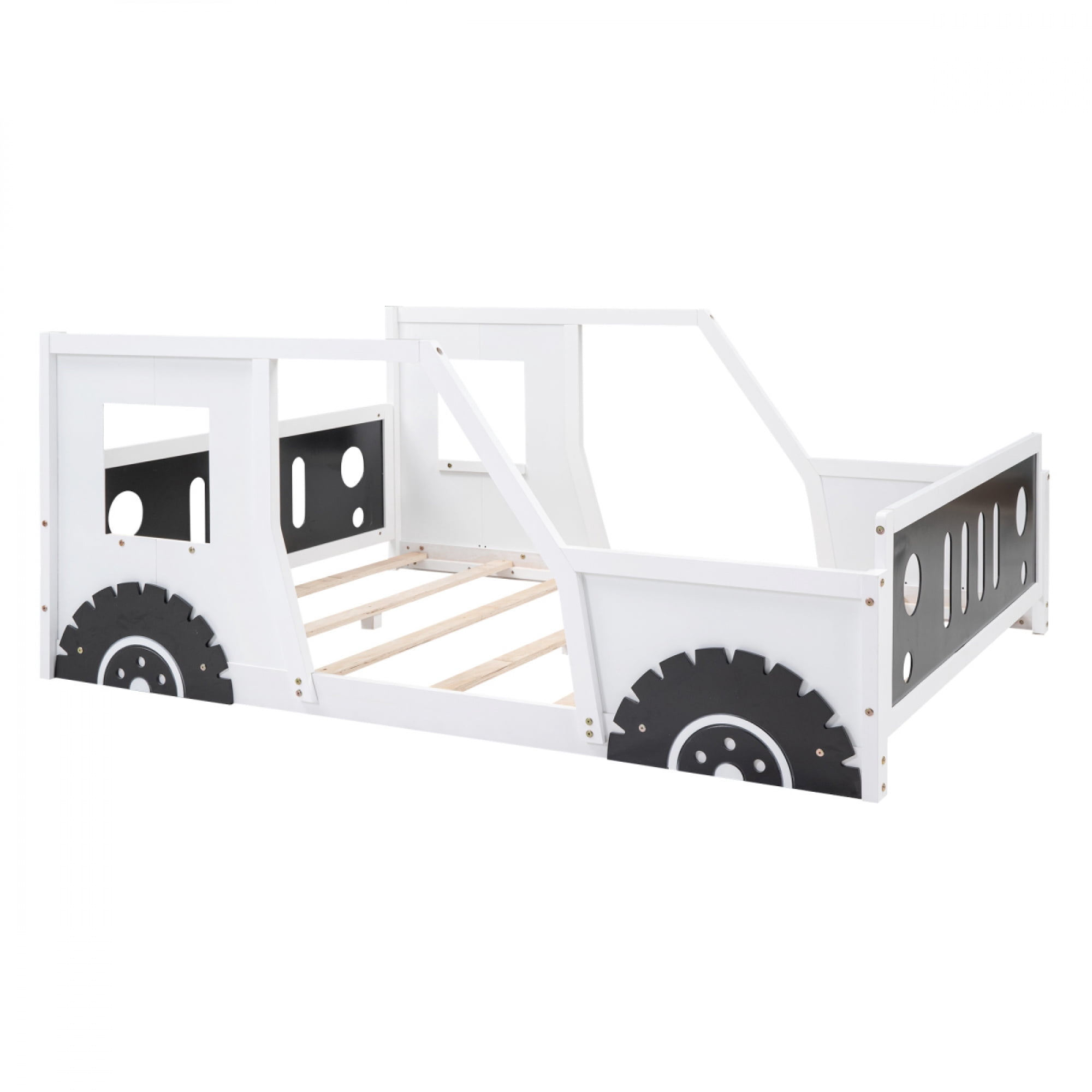 Full Size Classic Car-Shaped Platform Bed with Wheels, Wooden Kids Bed Frame for Bedroom, No Box Spring Needed,White