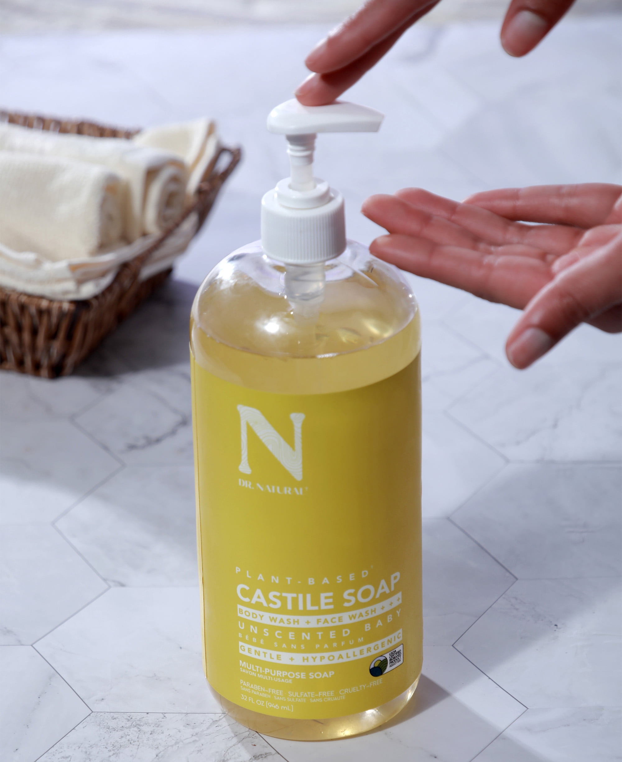 Dr. Natural Castile Liquid Soap, Bathroom Soap, Unscented, 32 oz, 2 pk