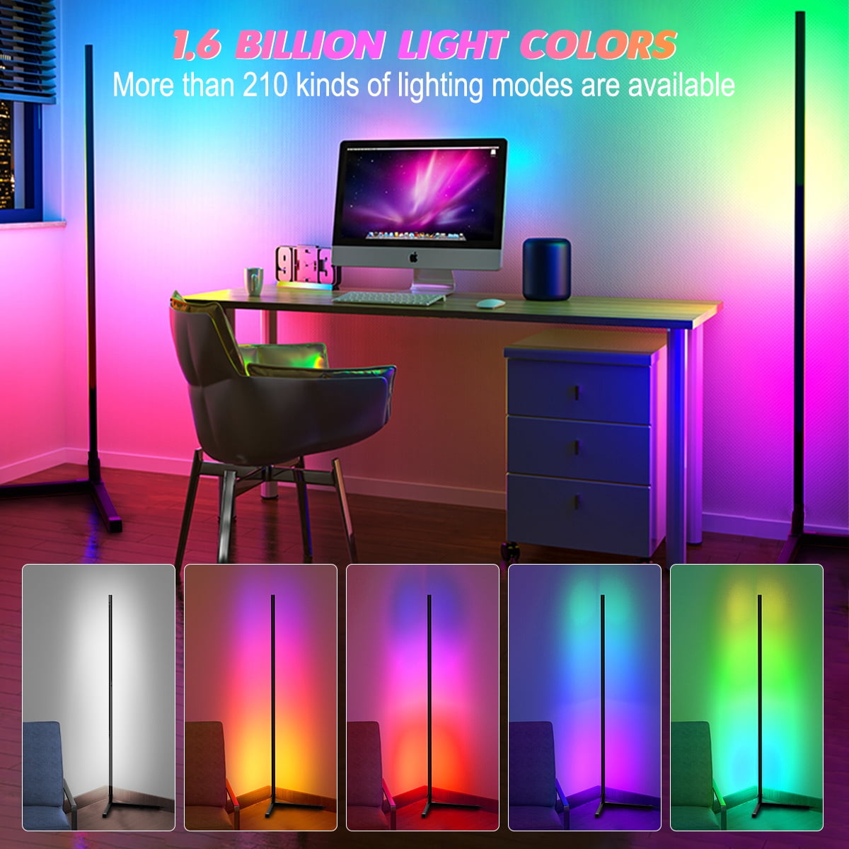 Fisca 62'' Metal RGB Corner Floor Lamps for Living Room and Bedroom, Color Changing LED Lights, APP and Remote Control LED Lamp