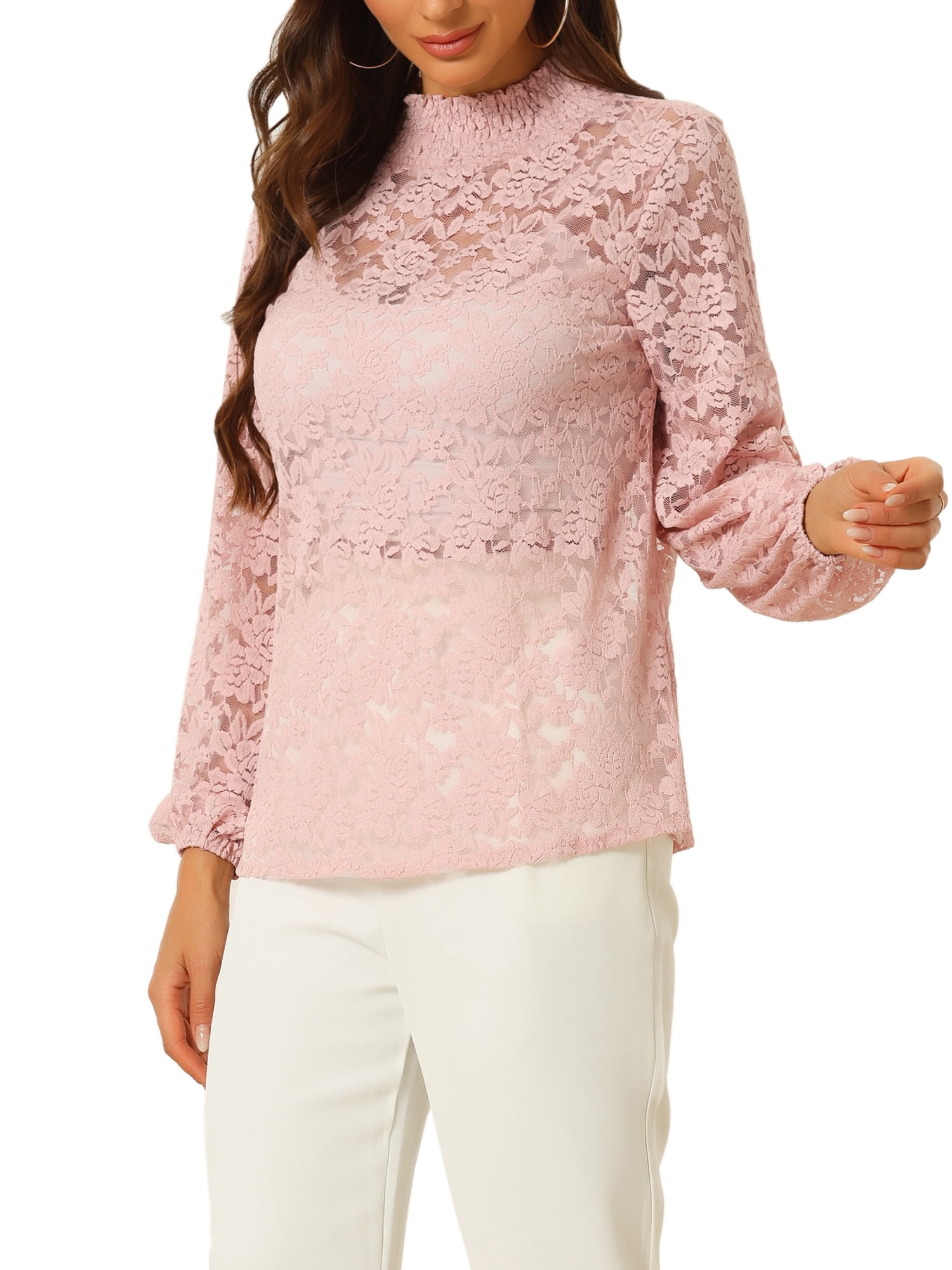 DARING DIVA Lace Elastic Cuff Long Sleeves Vintage Blouse M Pink