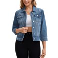 thumbnail image 2 of Abrigo de mujer INSPIRE CHIC, chaqueta de mezclilla con cuello plano, botones, mangas 3/4, lavado, cropped, talla 2XL, azul oscuro, 2 of 6