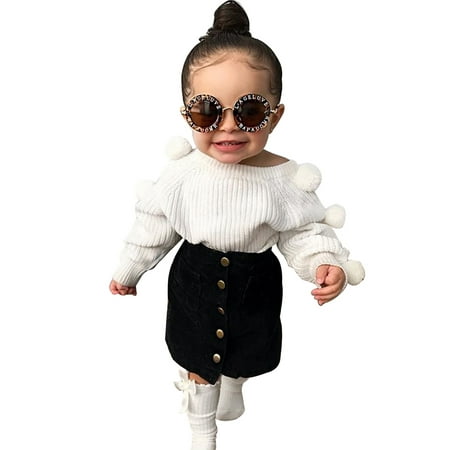 

LisenraIn 2Pcs Toddler Baby Girl Long Sleeve Knit Sweater Pompom Top Mini Skirt Autumn Winter Outfit