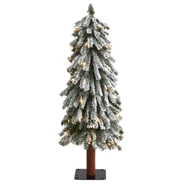 4ft Flocked Grand Alpine Artificial Christmas Tree With 100 Clear Lights And 361 Bendable Branches On Natural Trunk Walmart Com