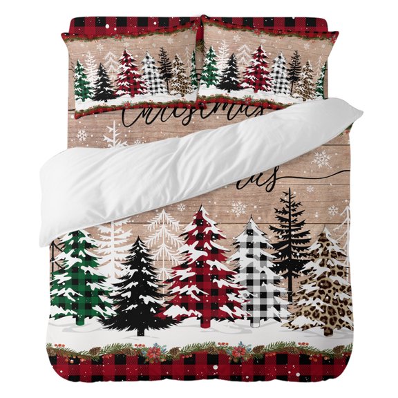 Duvet Cover Set Queen Size 4 Pieces, Christmas Tree Red Black Buffalo Plaid Comforter Cover Soft Bedding Sets, Farm Vintage Wood Board Bed Set Include 1 Duvet Cover, 2 Pillow Shams, 1 Bed Sheet