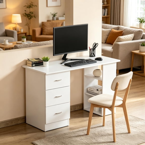 Cterwk Computer Desk with 3 Drawers and Open Shelf, Office Desk Writing Table for Living Room, Bedroom, Office, White
