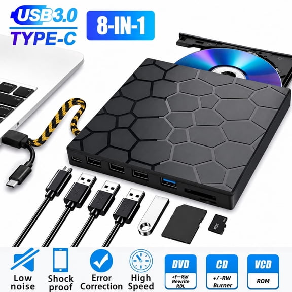 External CD DVD Drive for Laptop PC Mac, 7-in-1 USB 3.0 Slim Portable Optical Drive with USB Hub & SD/TF Card Reader