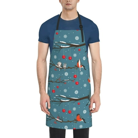 

Pofeuu Bullfinches Branches And Balls Print Waterproof Apron with Pockets Adjustable Cooking Aprons Kitchen Bib for Baking Household Cleaning