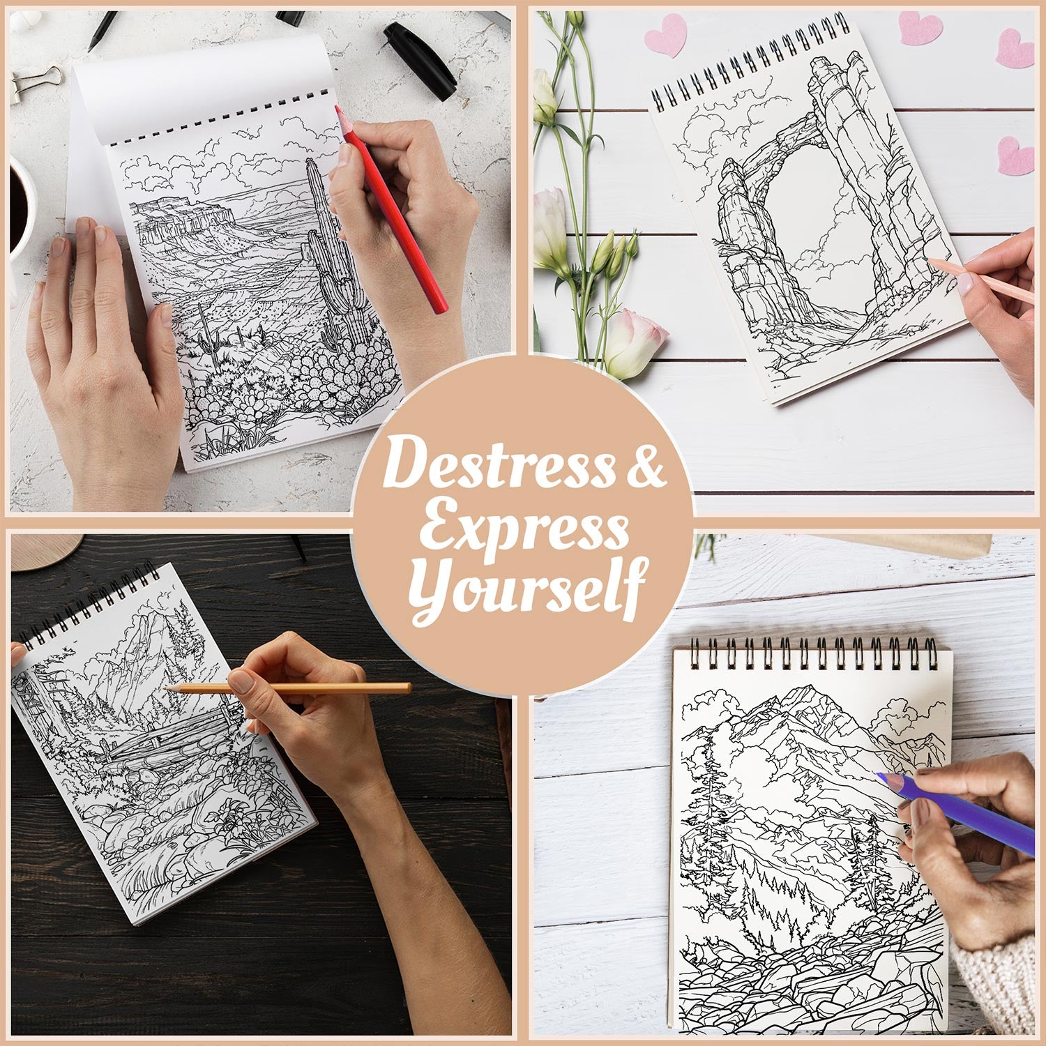 Netecom Mountains Landscapes Coloring Book for Adults, A5 Wooden Cover, Spiral Bound Edition, 30 Majestic Coloring Pages of Beautiful Landscapes for Stress Relief and Relaxation