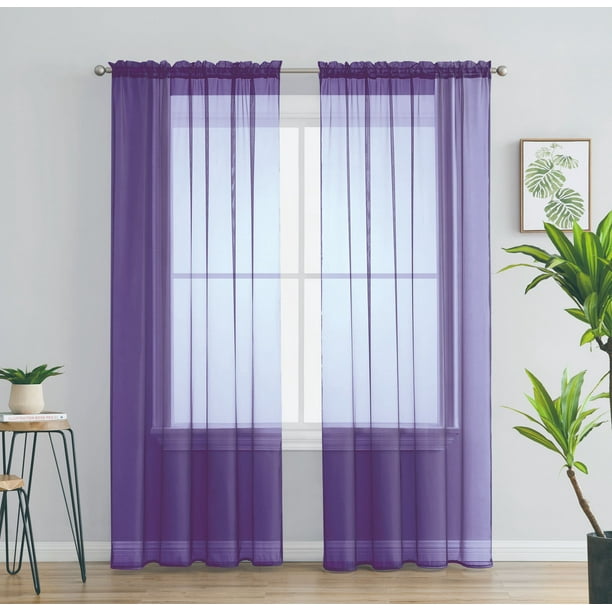 2 Piece Solid Rod Pocket Sheer Window Curtains Sheer Purple Curtains