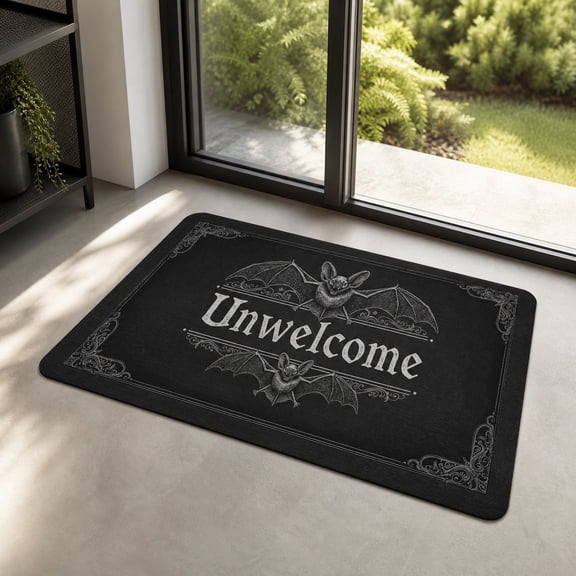 Halloween Floor Mats, Vintage Gothic Unwelcome Bat Halloween Doormat, 19.7x31.5in Absorbent Entrance Floor Mat, Anti-Stain Wear Resistant Spooky Bat Print Rug for Holiday Home Decor