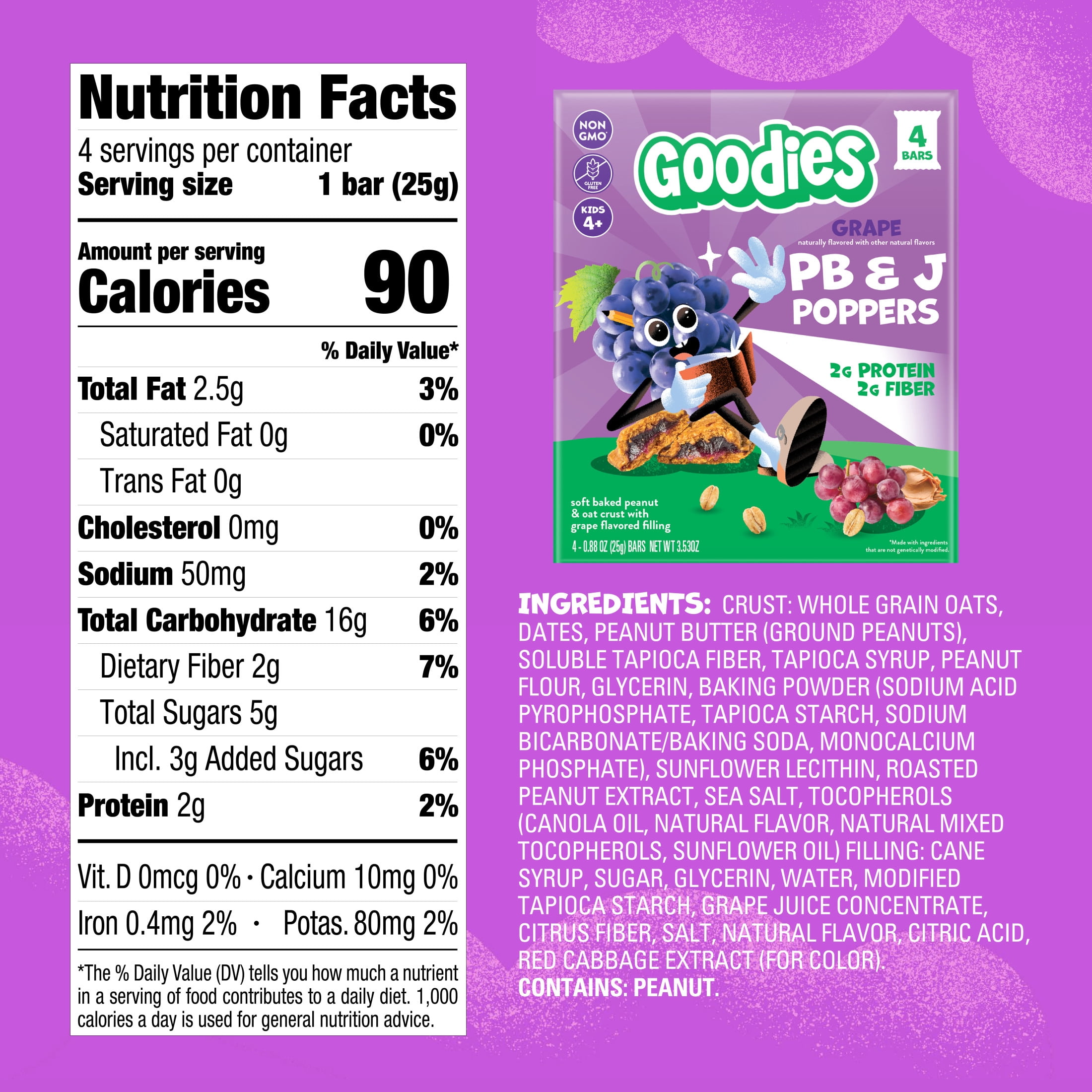 Goodies Grape PB&J Poppers Kids' Snack Bars with Peanut & Oat Crust, 24 Count