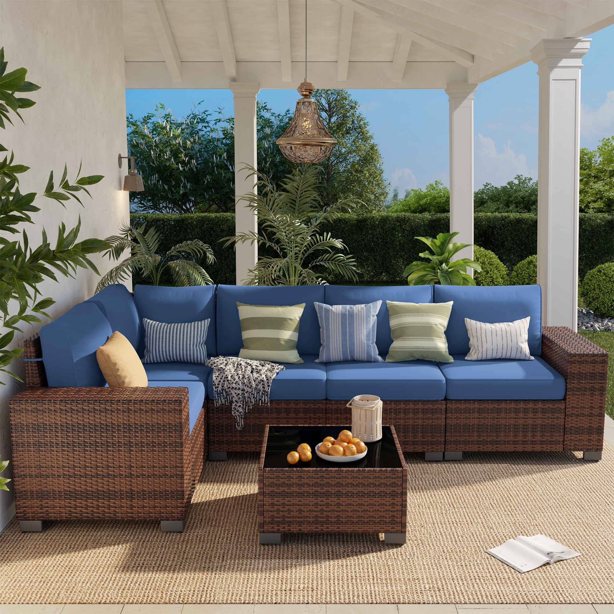 Poteban Patio Furniture Set 6 PCS Outdoor Sectional Conversation Sets Featuring Widen Wicker Armrests and High Back,Brown&Blue