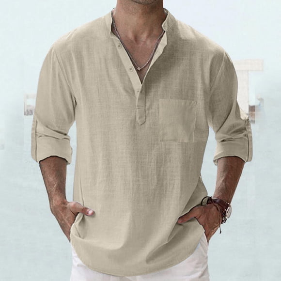 Men's Casual Loose Long Sleeve Shirt with Pocket for Spring and Summer Versatile Solid Color Pullover Design for Everyday Wear