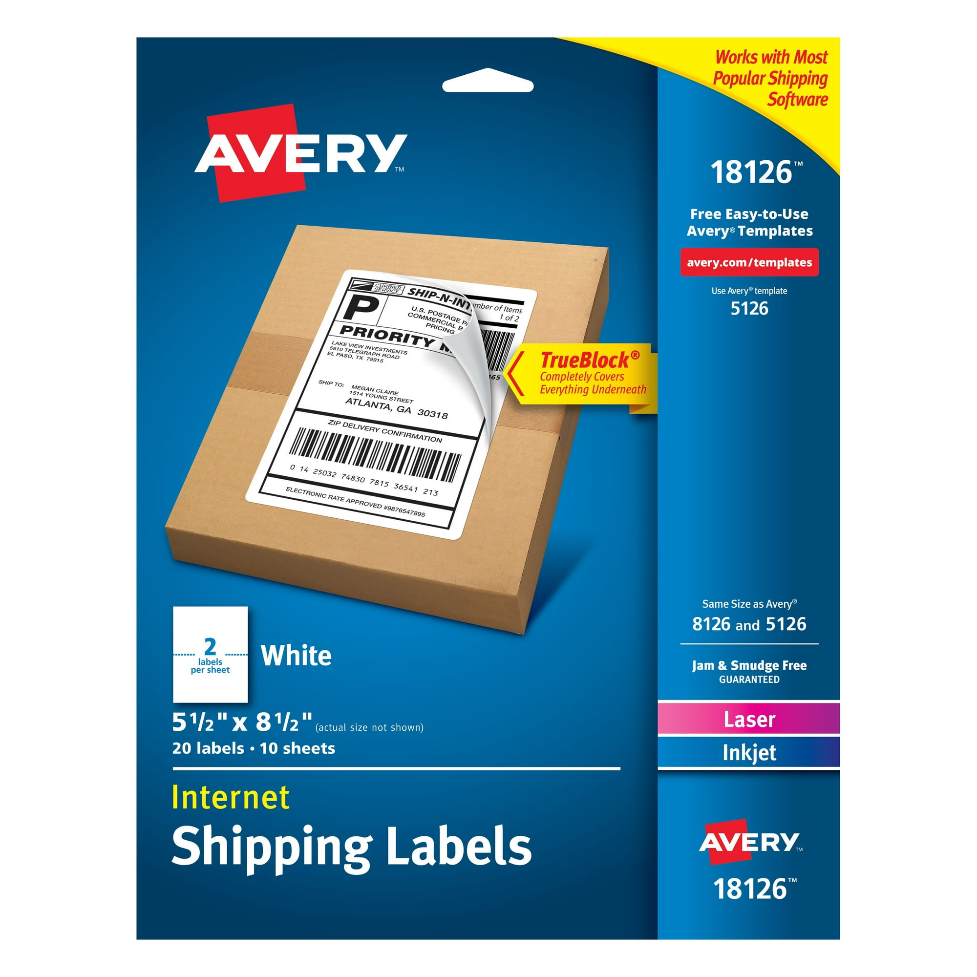 Avery Shipping Labels, 5-1/2" x 8-1/2", Paper, White, TrueBlock®, Laser/Inkjet, 20 Labels (18126)