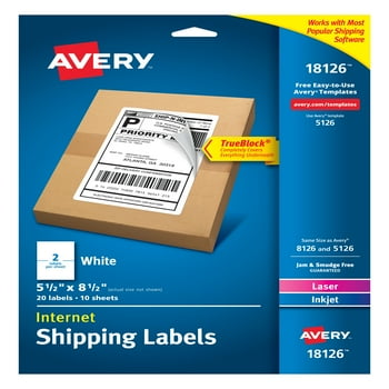 Avery Shipping Labels, 5.5 x 8.5, White, TrueBlock, Inkjet, 20 Labels (18126)