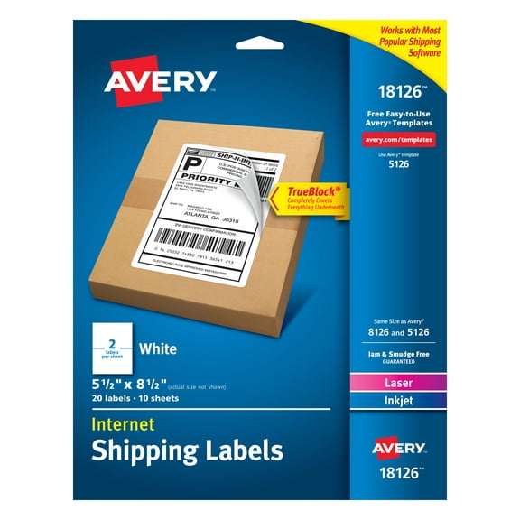 Avery Shipping Labels, 5-1/2" x 8-1/2", Paper, White, TrueBlock®, Laser/Inkjet, 20 Labels (18126)