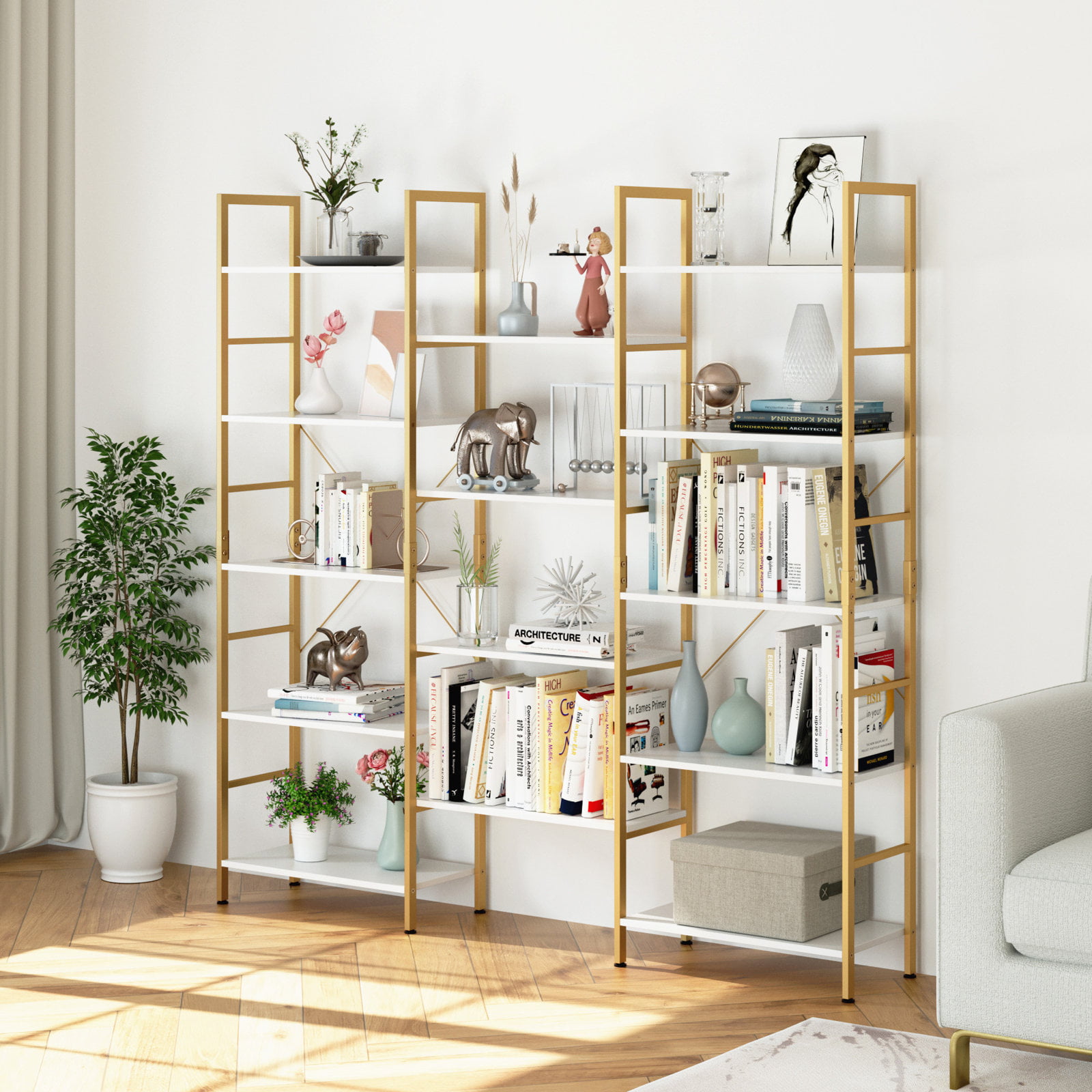 Homfa 5-Tier Gold and White Bookshelf, Triple Wide Open Display Shelf, Large Storage Bookcase with Metal Frame