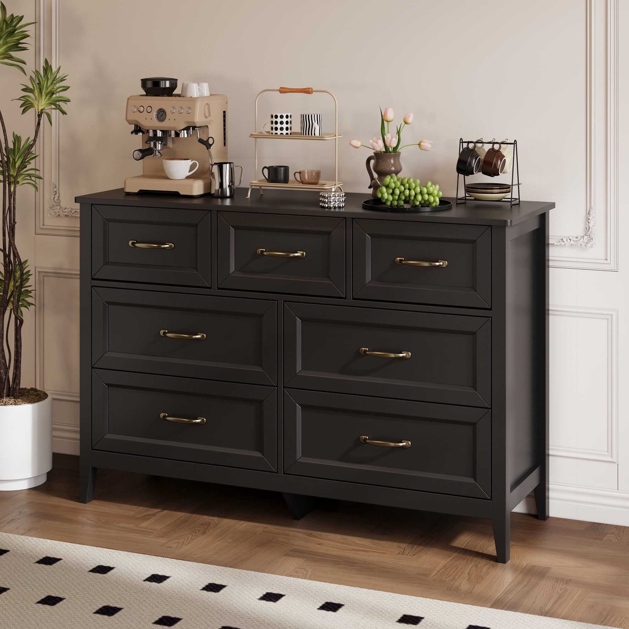Aiho 7-Drawer Double Dresser - Modern Wood Chest with Anti-Tip Safety, Cutout Handles & Smooth Gliding Drawers, Black