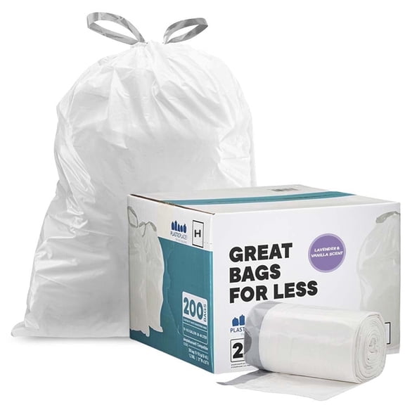 Plasticplace White Drawstring Lavender and Soft Vanilla Scented Garbage Can Liners, Compatible with Code H (200 Count), 8-9 Gallon / 30-35 Liter, 18.5" x 28"