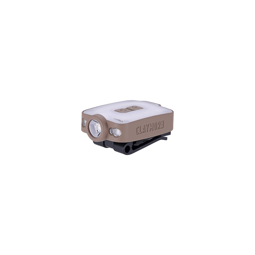 Claymore Capon 40B (Tan) - LED Rechargeable Clip-On Cap Headlamp, Lightweight Hat Light for Camping, Running, Hiking, Emergency & Industrial Use, Waterproof, USB-C, Up to 12 Hours of Battery Life.