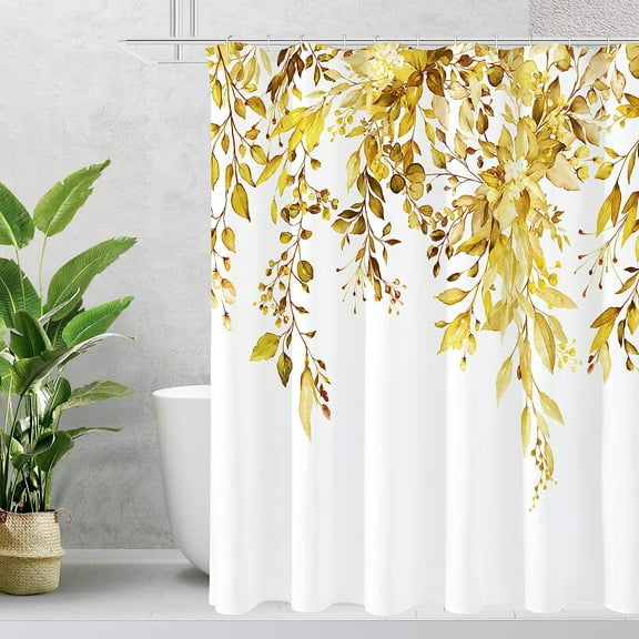 Extra Long Shower Curtain 72 x 84, Yellow Floral Shower Curtain for Bathroom, Watercolor Plant Eucalyptus Leaves Fabric Shower Curtain Set with Hooks