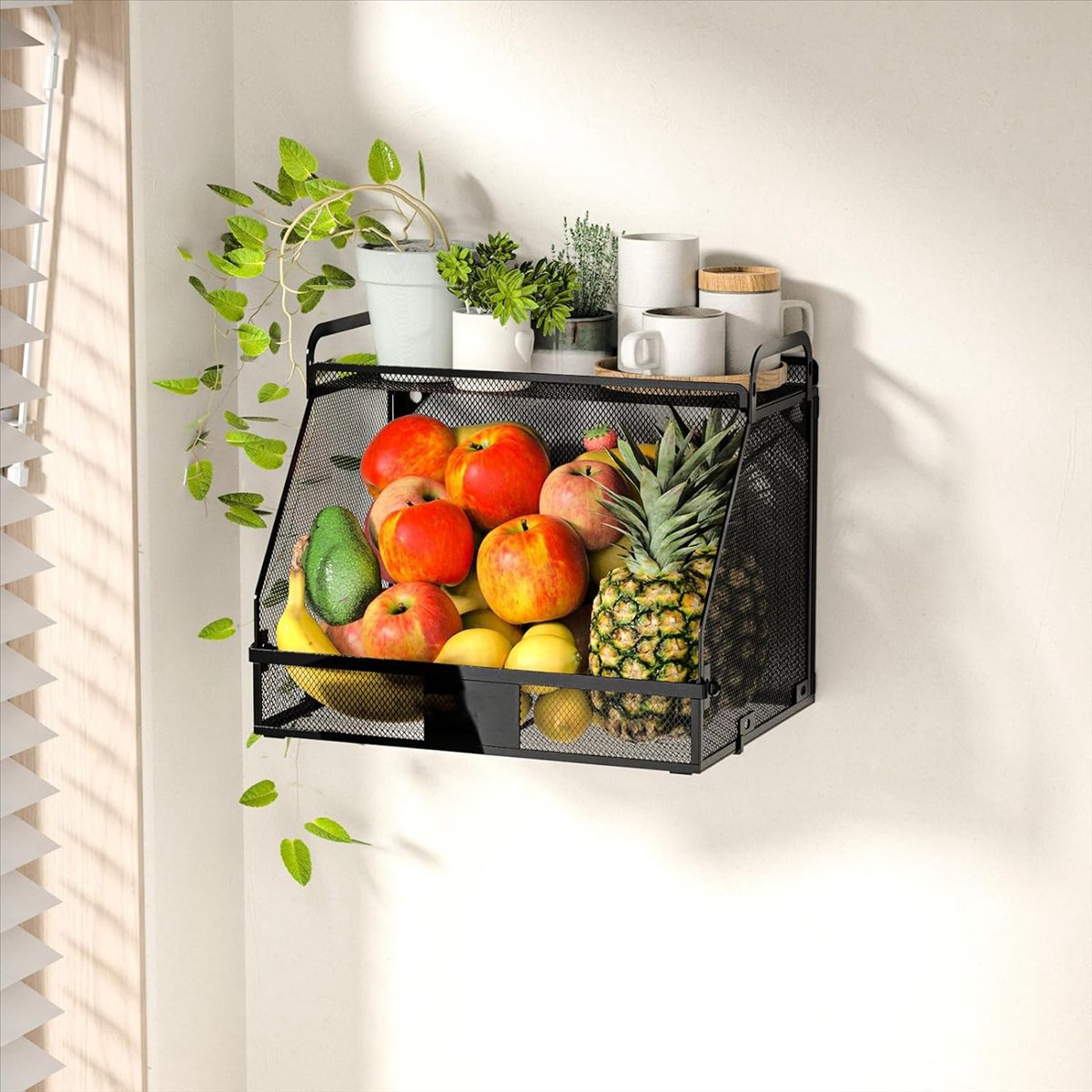 Hanging Fruit Basket for Kitchen, Kitchen Organizers and Storage Potato Onion Wall Baskets Pantry Black