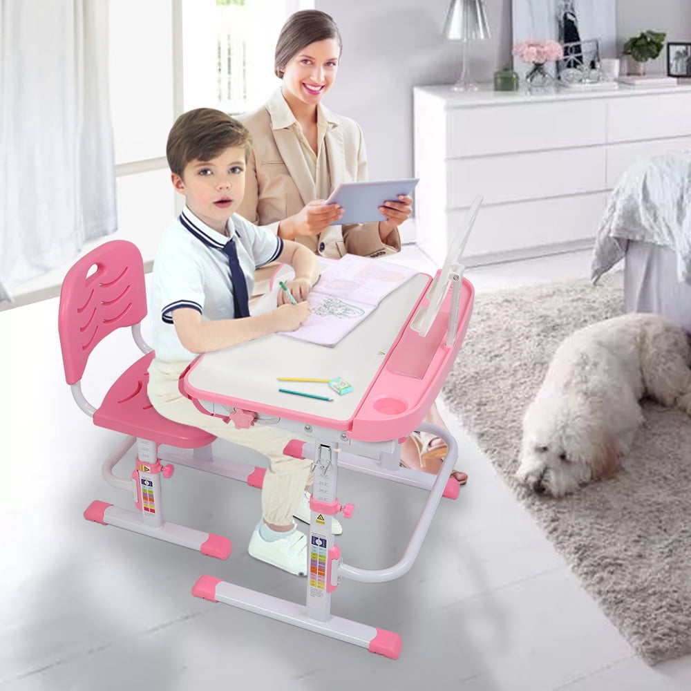 Kepooman Lifting Children Desk, Can Tilt Learning Table and Chairs Set with Reading Stand, Pink Kepooman Lifting Children Desk, Can Tilt Learning Table and Chairs Set with Reading Stand, Pink