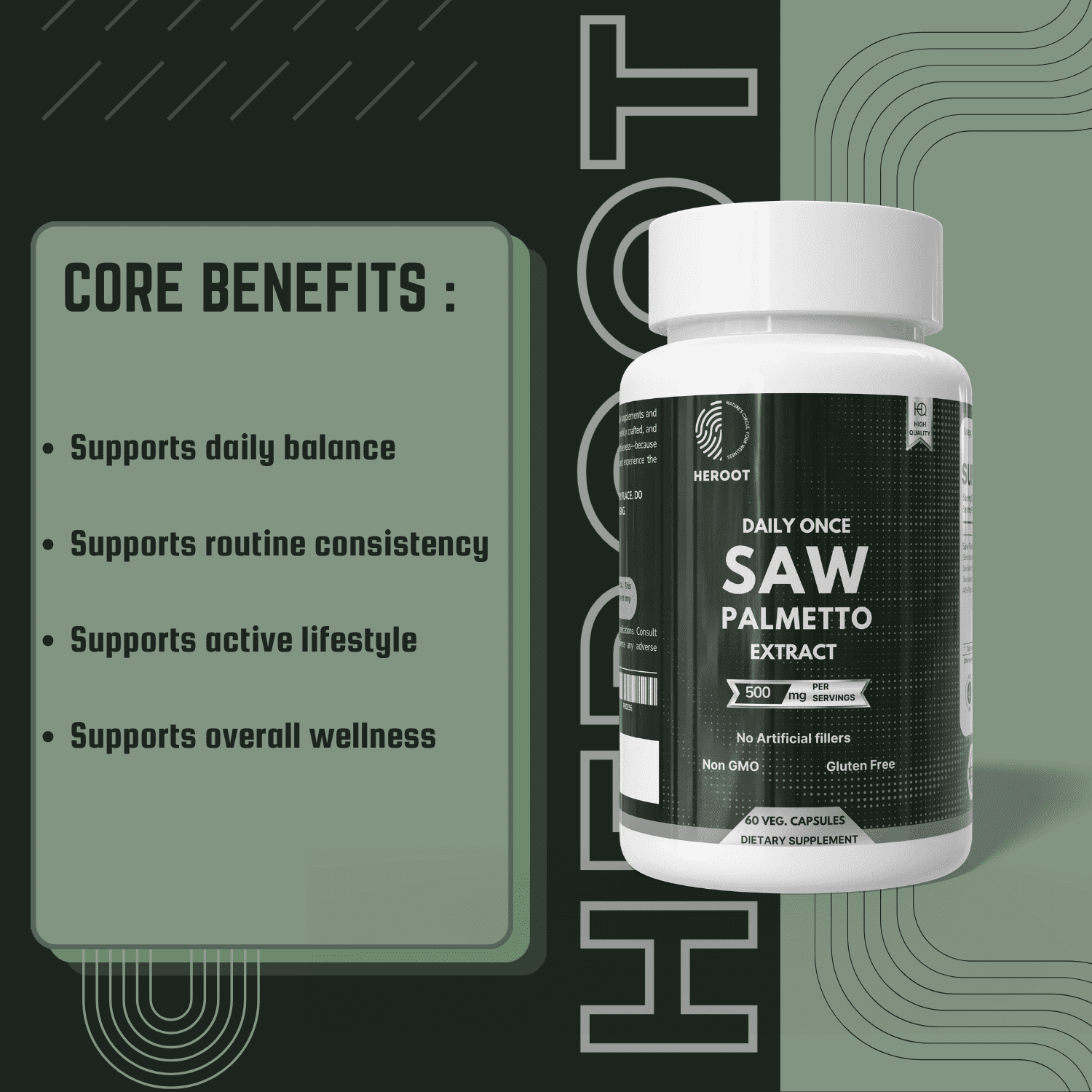 Heroot Saw Palmetto Capsules 500 mg per Capsule | 45% Fatty Acids | 120 Veg Capsules | 120 Servings | Herbal Supplement
