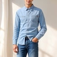 thumbnail image 2 of Mens Button Down Shirts Retro Denim Long Sleeve Spring Shirt Lightweight Casual Turn Down Collar Top Overshirt Style Light Blue L, 2 of 9
