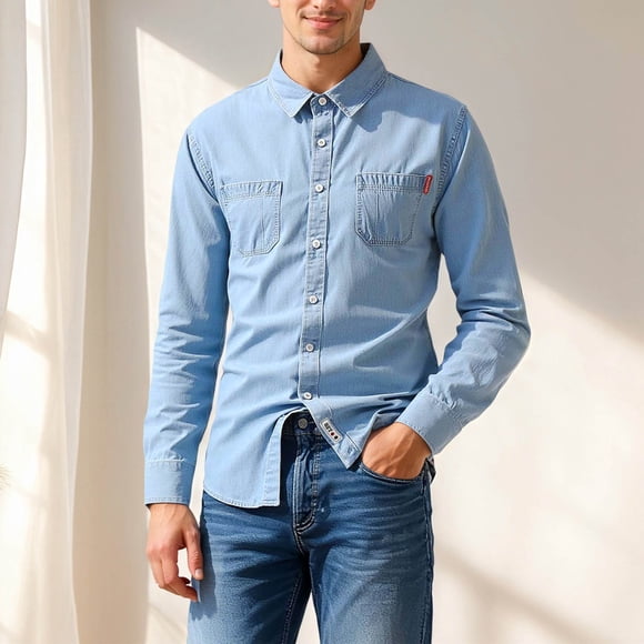 Everyday Denim Shirt for Men - Classic Long Sleeve Casual Cardigan StyleTop with Clean Solid Tone for Various Seasons