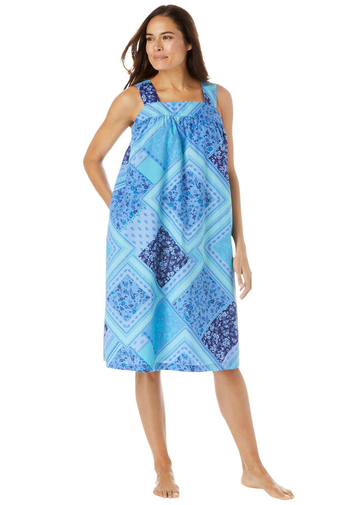 Womens Plus Size Print Sleeveless Square Neck Lounger House Dress or Nightgown Dreams /& Co