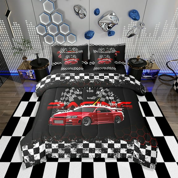 Erosebridal 7 Piece Sports Car Bed in a Bag Twin Racing Car Sheet Set Car Racing Gifts Bedding Comforter Race Cars Cushion Covers